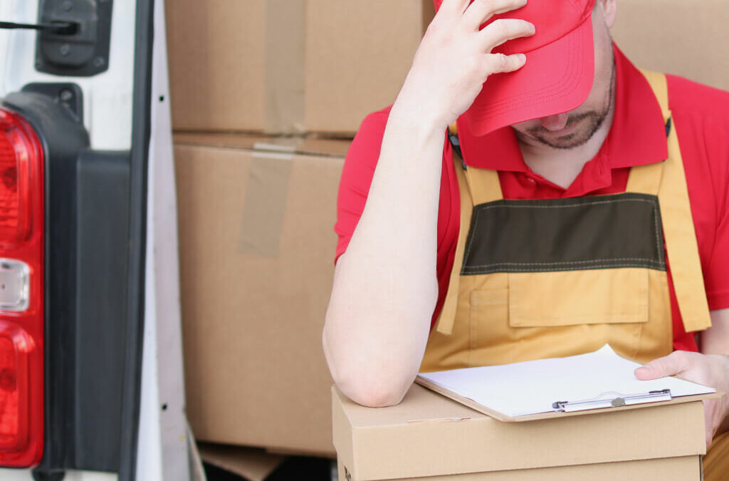 a courier in a red cap with an application and a parcel