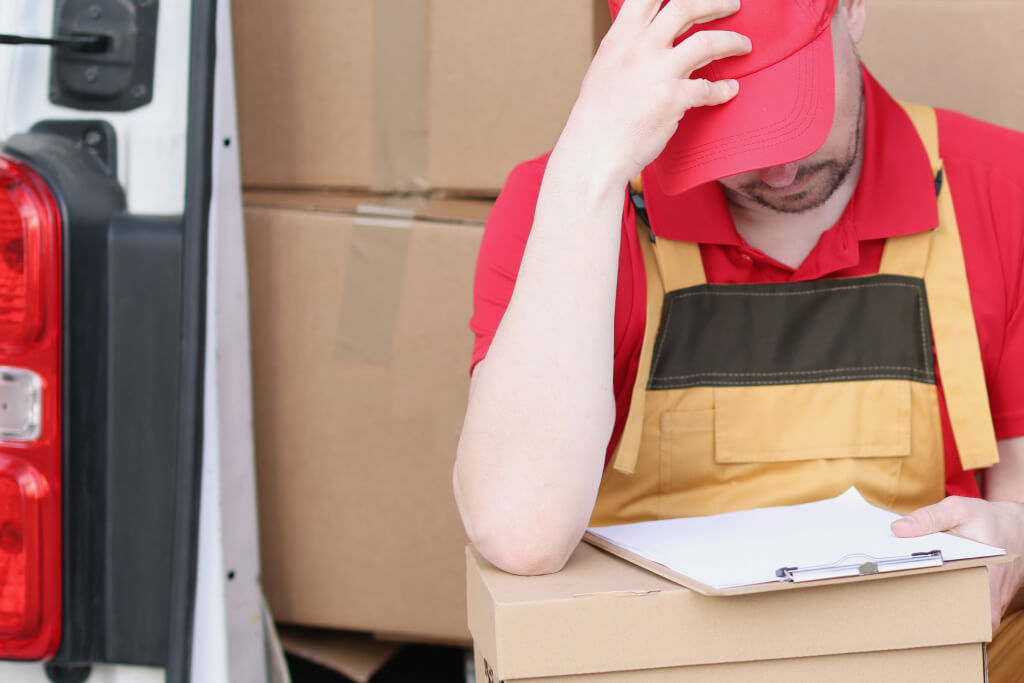 a courier in a red cap with an application and a parcel