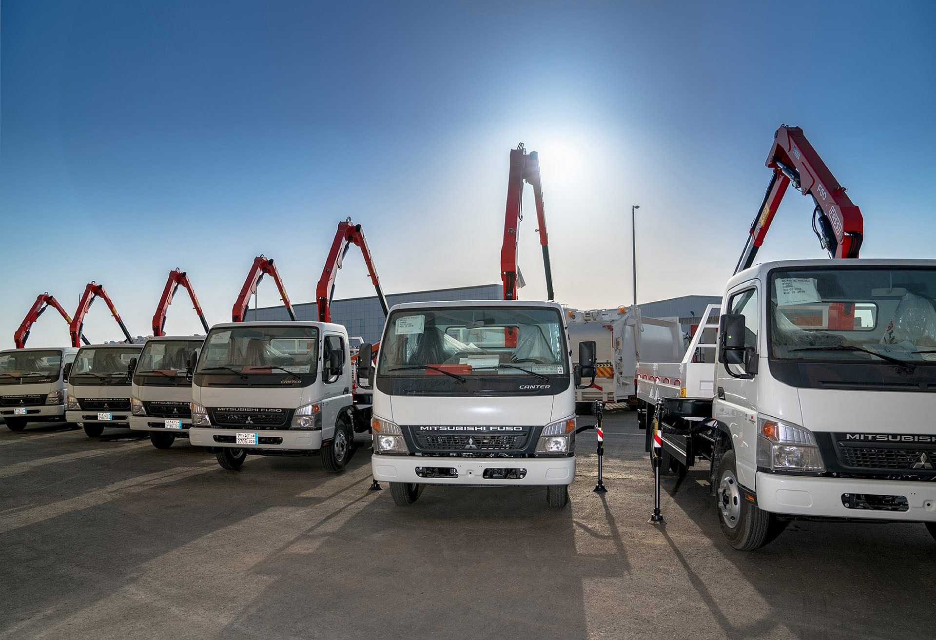 Row of white crane trucks lined up with backdrop of blue sky
