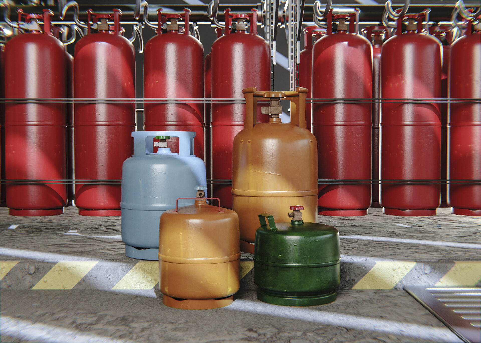 Gas cylinders stand ready to be picked up by a gas transportation truck.