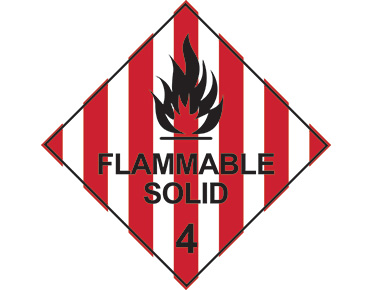 A flammable solid sign, which has red and white vertical stripes, a black flame icon and the words "Flammable Solid" with a "4" underneath. This 4 is referring to the dangerous goods class.