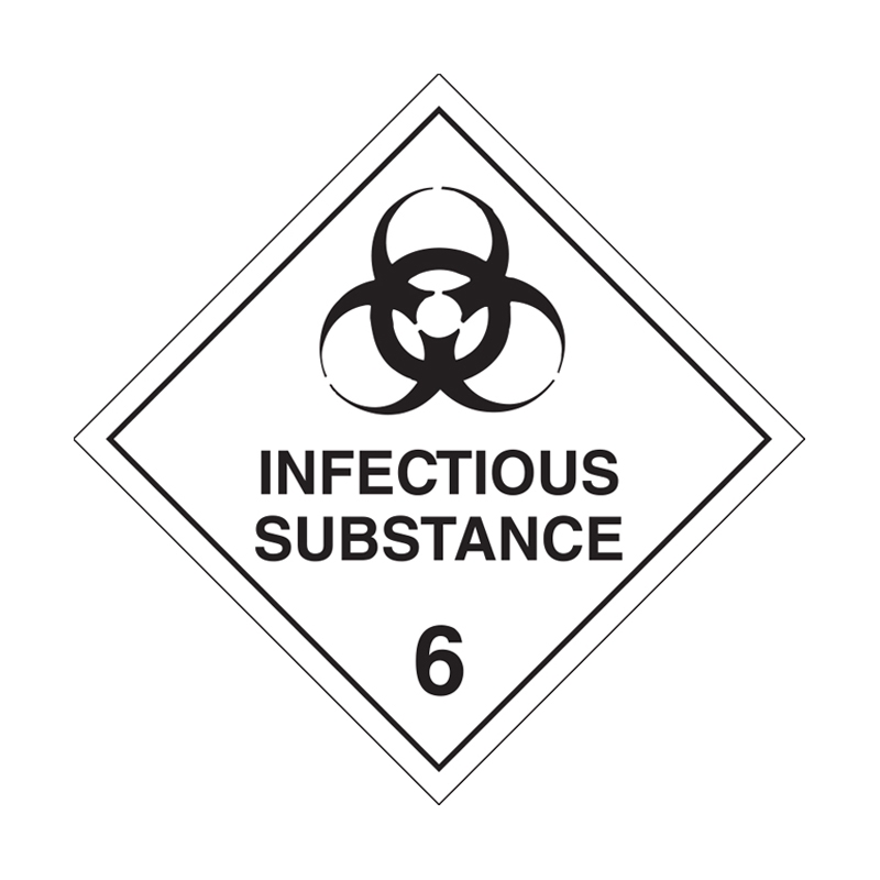 Infectious substances dangerous goods truck sign which features a biohazard symbol, the words 'INFECTIOUS SUBSTANCE' and the number 6.