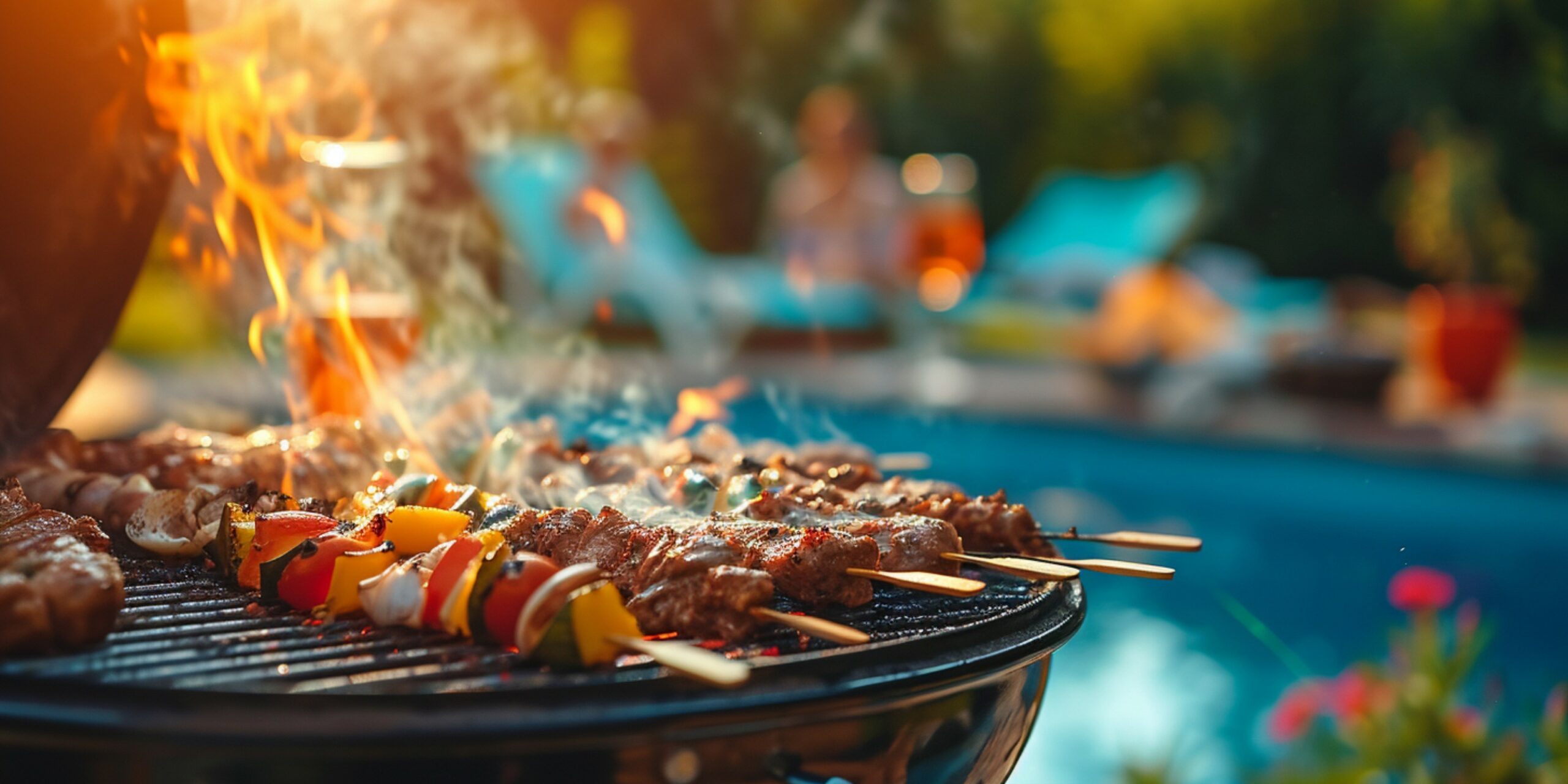 Delicious meat and vegetable skewers cooking on a barbecue in Australia.